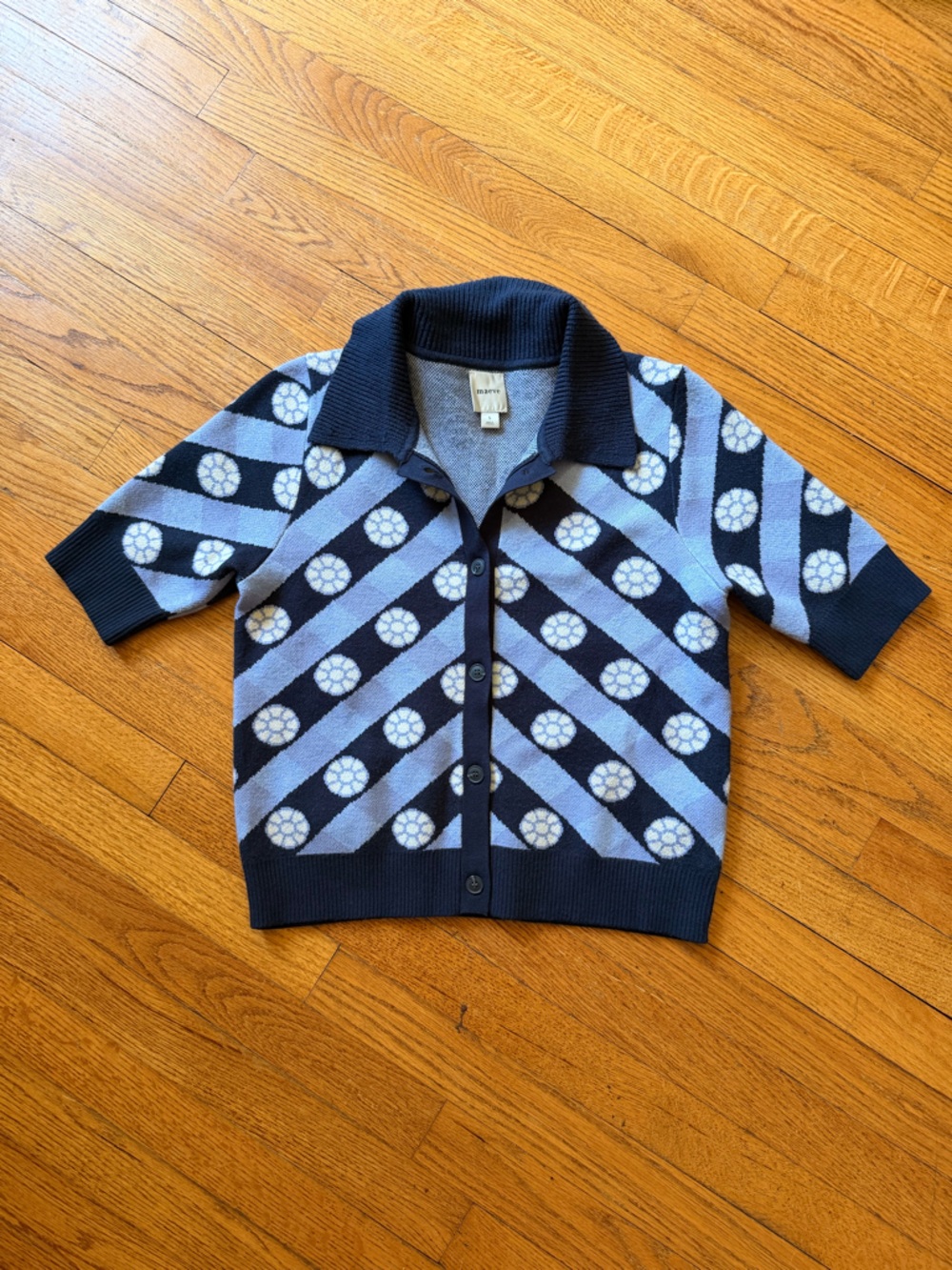 Maeve Anthropologie Blue Geometric Button Front Cardigan Sweater